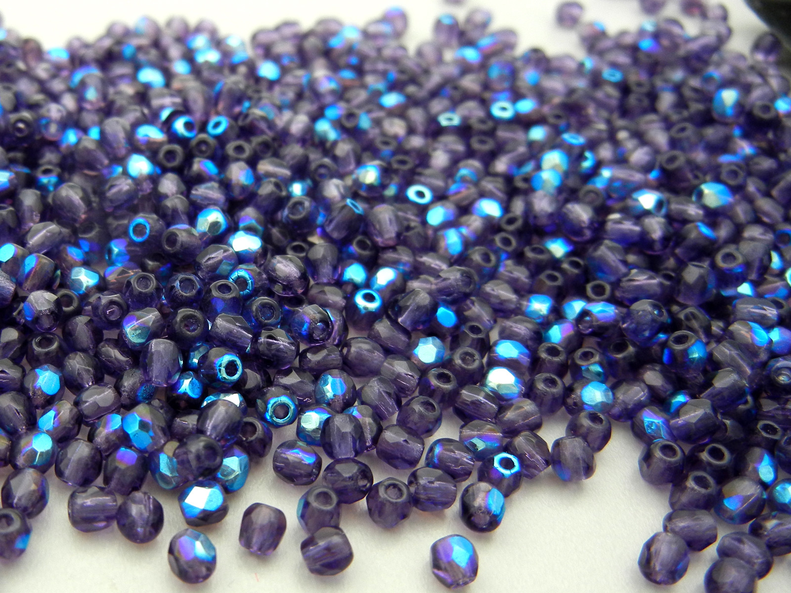 Czech Fire Polished Round Faceted Beads in Tanzanite AB coated, 16” deep purple