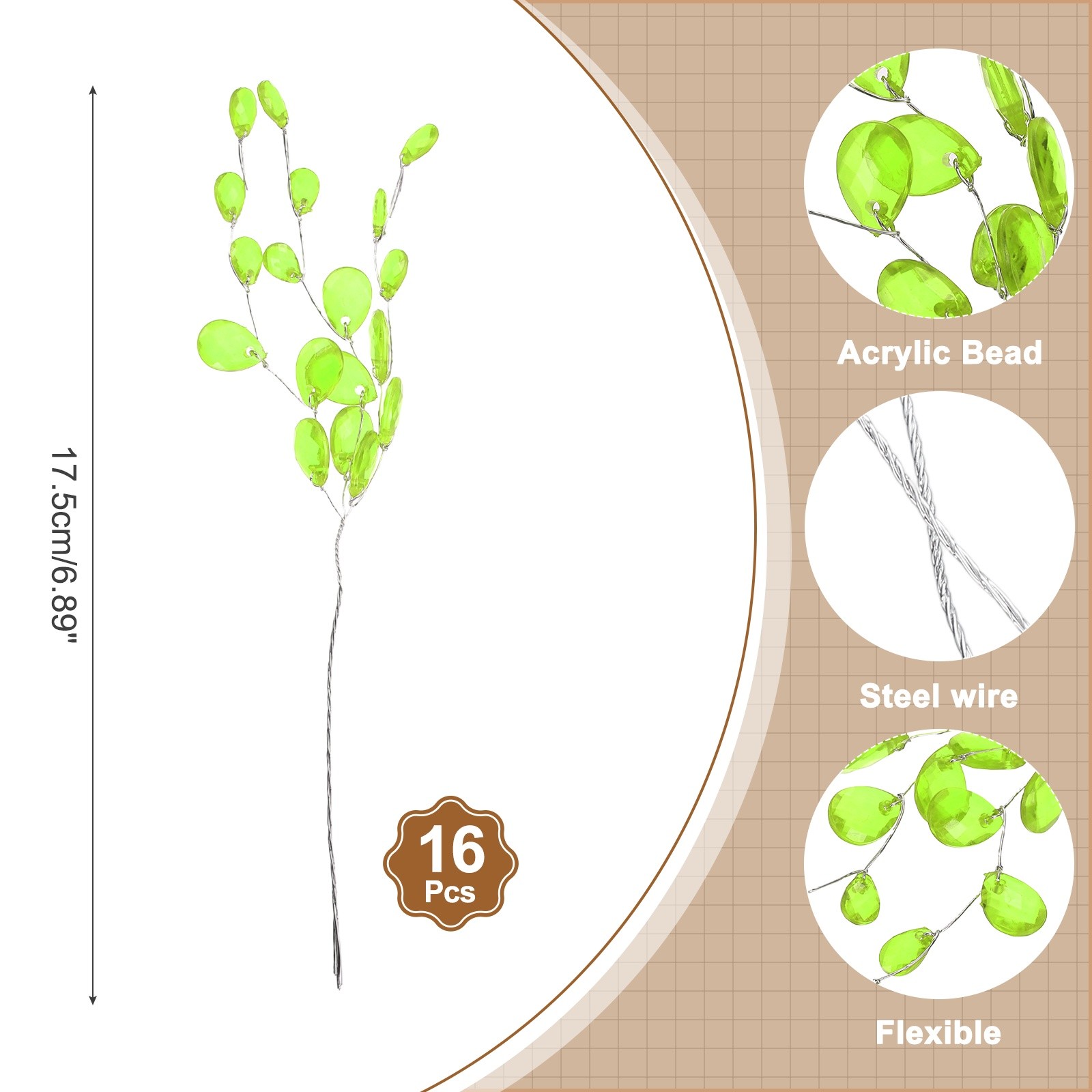16 Pcs Acrylic Bead Drop Stems, Crystal Floral Picks Bouquets Flowers, Green