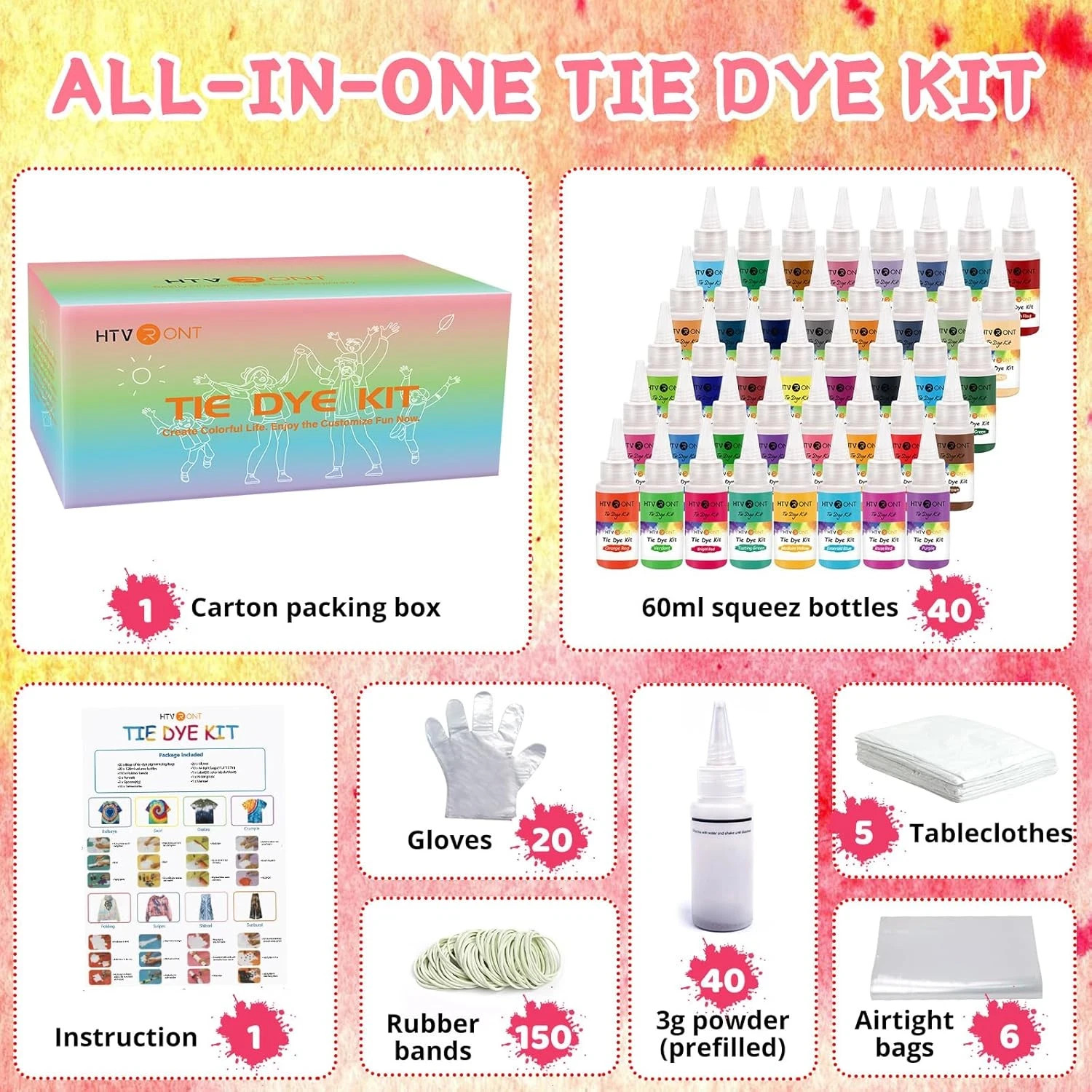 HTVRONT Tie Dye Kit – 40 Vibrant Colors Tye Dye Kit for Large Groups, Pre-Filled