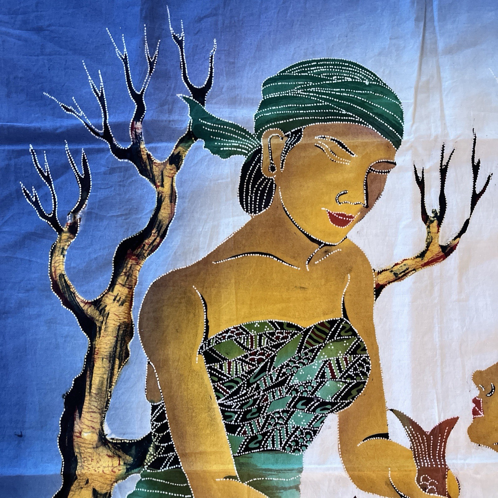 Women Catching Baskets Of Fish Ocean Rocks Indonesian Batik Panel
