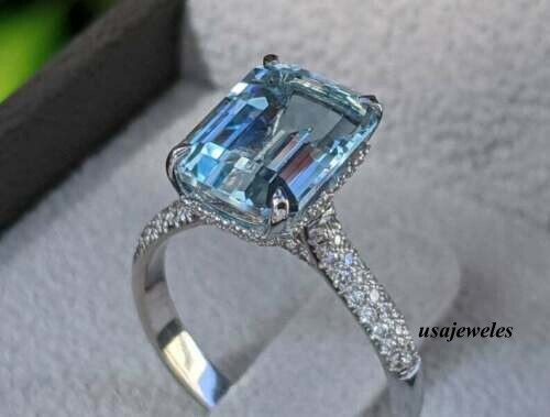 3.20CT Emerald Cut Genuine Aquamarine Engagement Jewelry Ring 14K White Gold FN