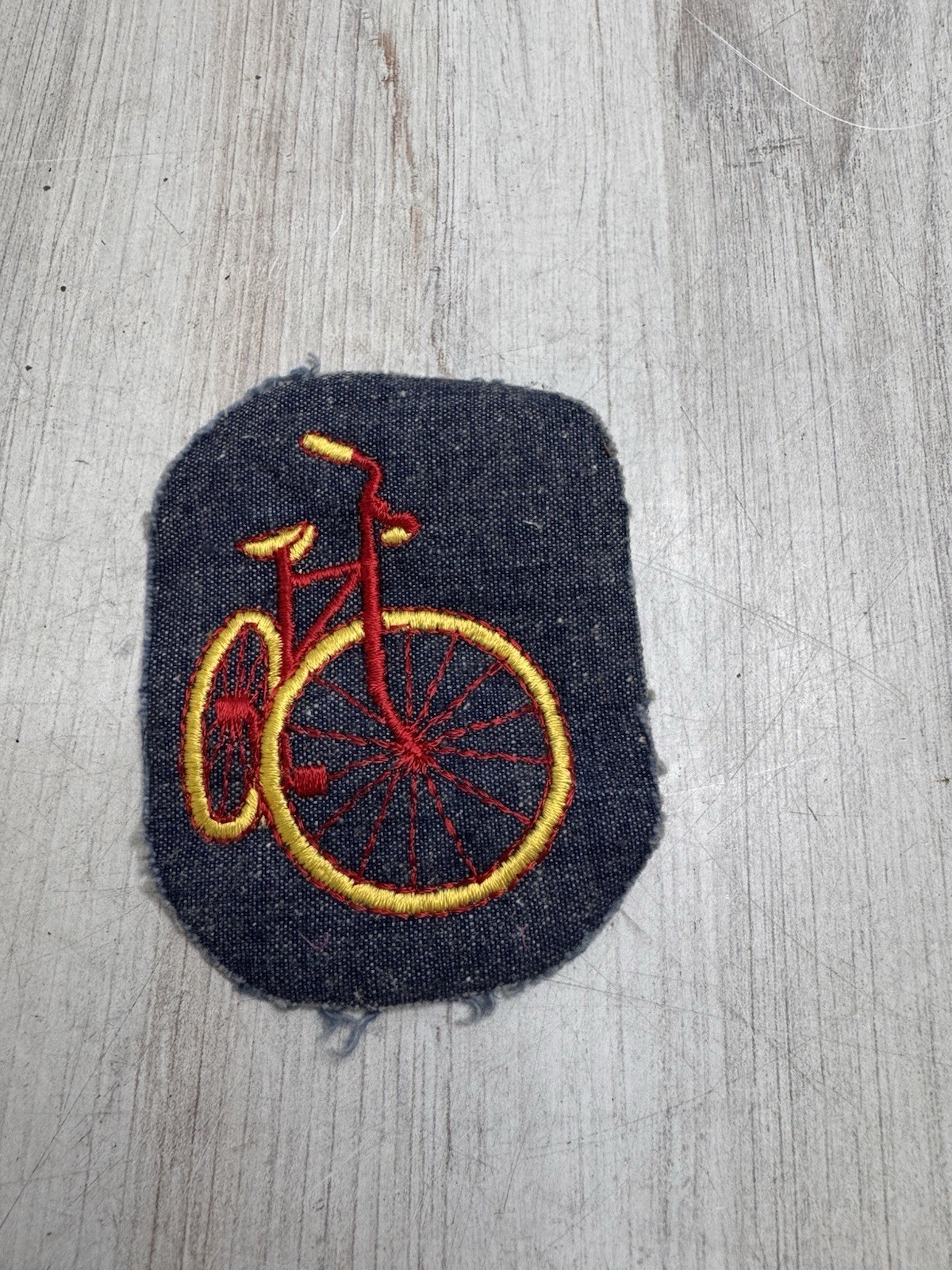 Vintage Bicycle Embroidered Patch Denim Red And Yellow High Wheel