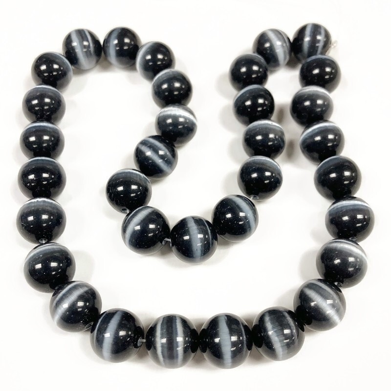 30 Cat’s Eye Fiber Optic Glass Jet Black 12mm. Smooth Round Beads 2612