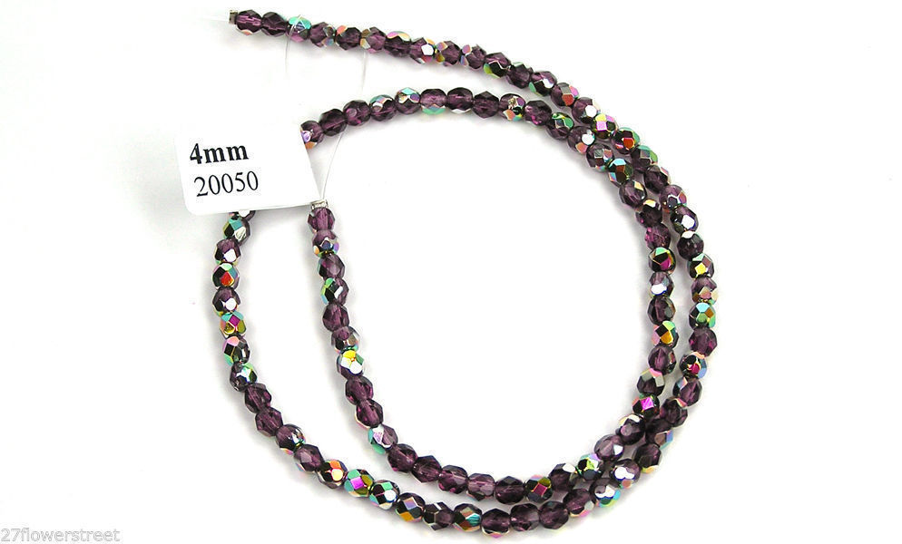 Czech Fire Polished Round Faceted Glass Beads in Amethyst Vitrail coated, 16″