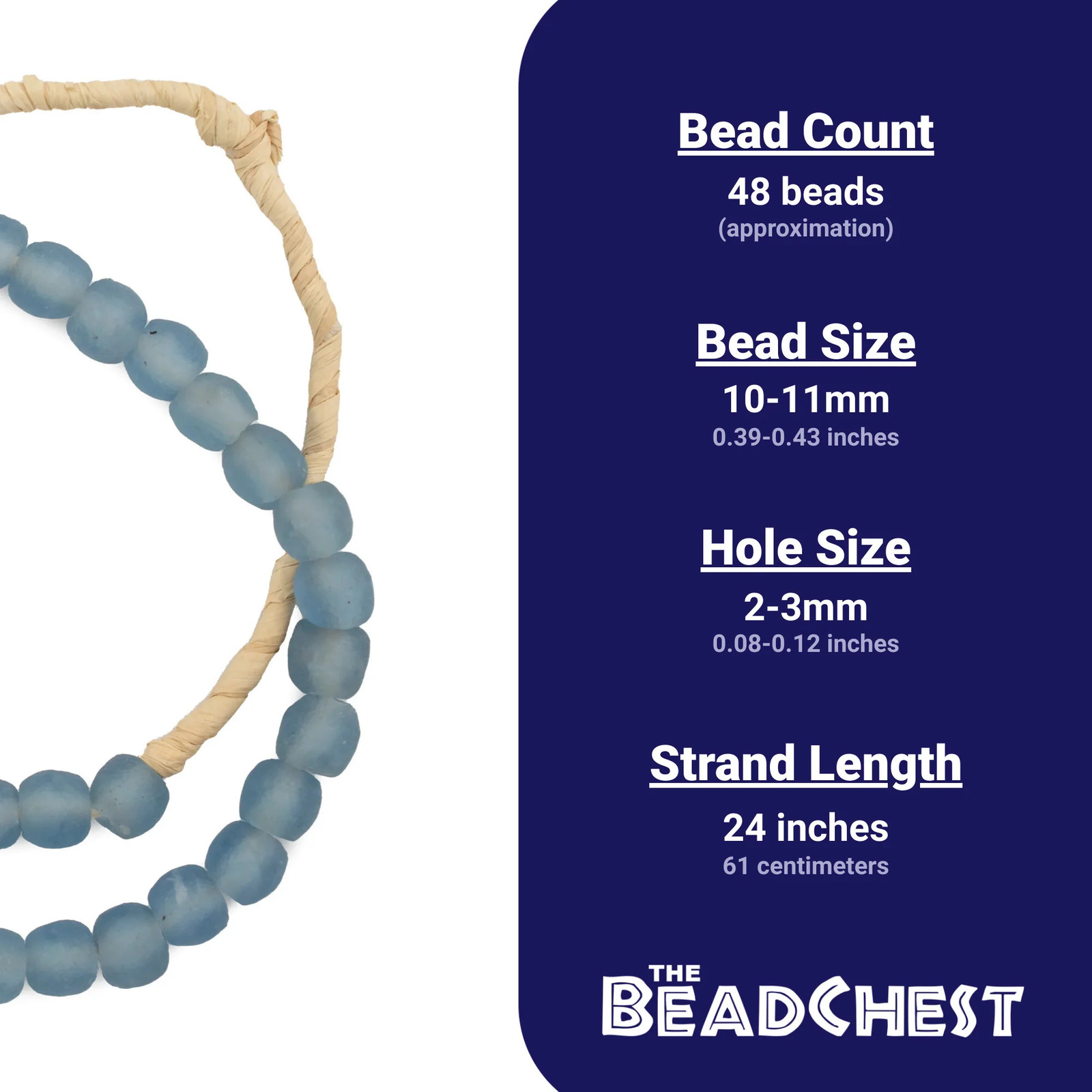 Light Blue Recycled Glass Beads 11mm Ghana African Sea Glass Round Large Hole