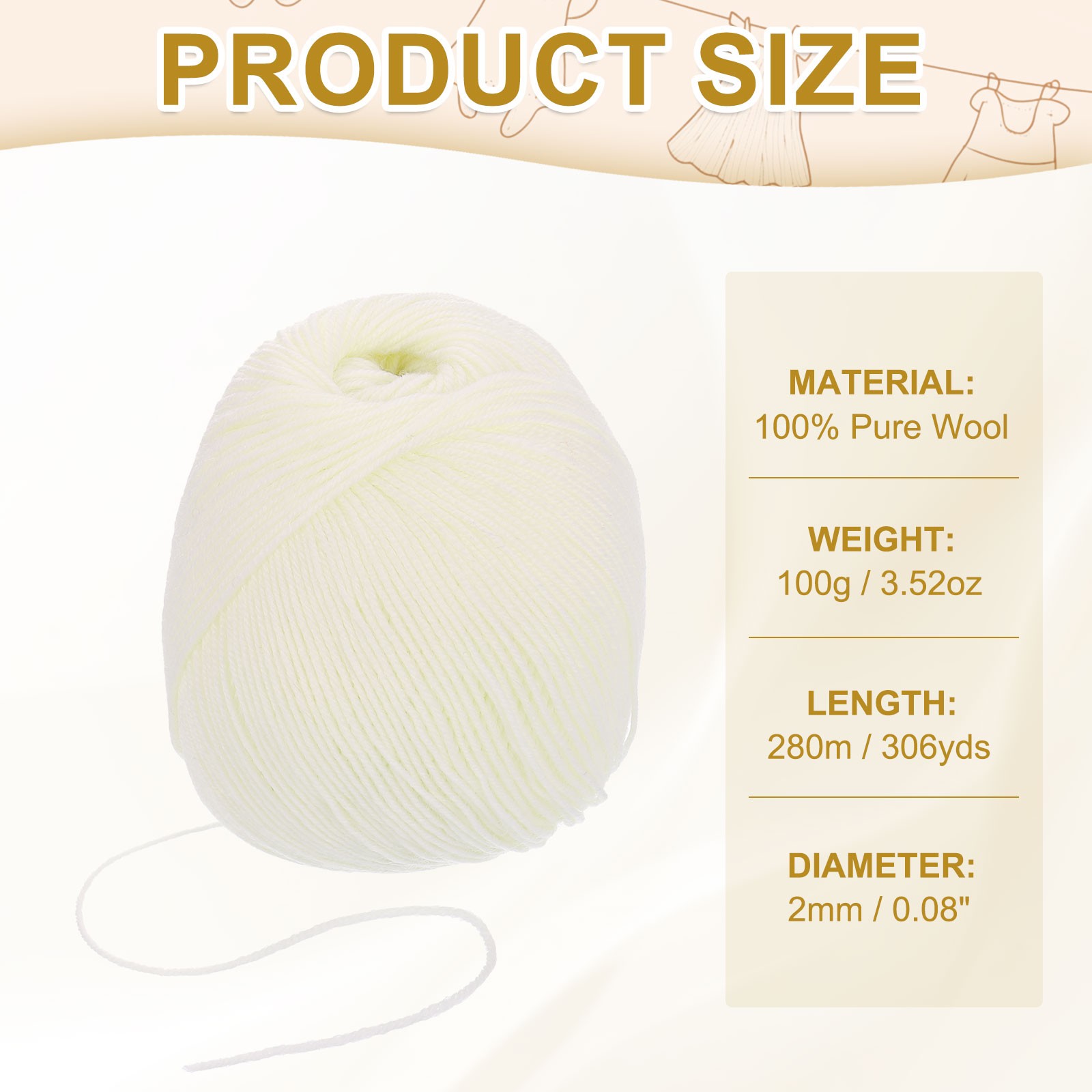 4-Ply 100% Wool Yarn 3.52 OZ, 306 Yds(White, 1 Ball)