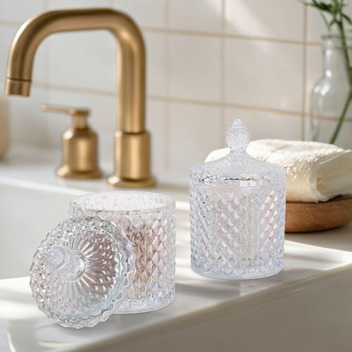 2 Pack Qtip Holder Apothecary Jars with Lid, Thick 10 oz (2 pack) Iridescent