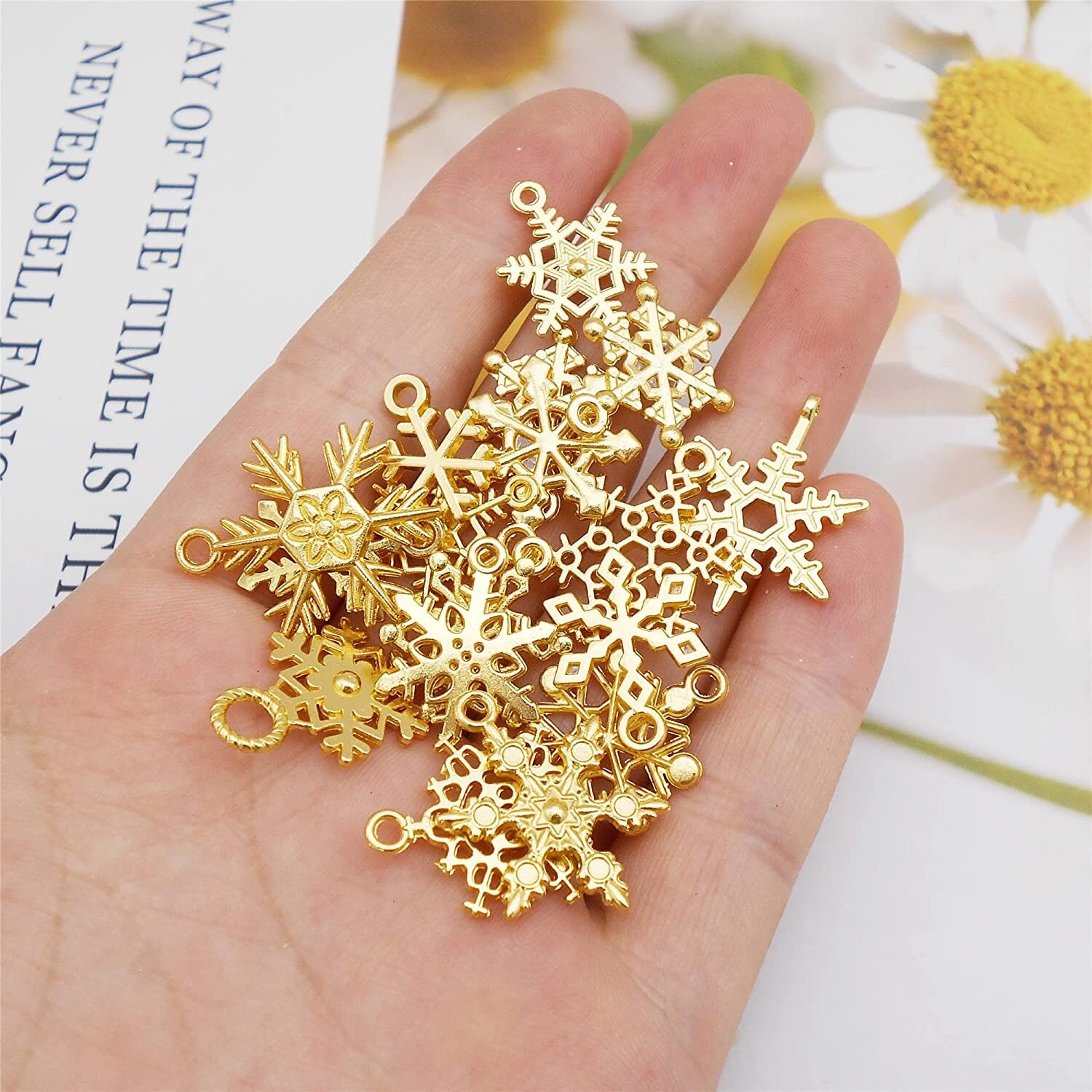Gold Snowflake Charms Christmas Pendants Winter Assorted Lot Snow Findings 10pcs
