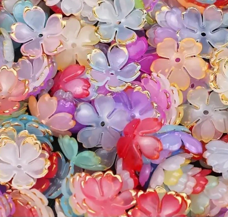 50 Blossom Beads For Jewelry Making Diy Flower End Caps Mixed Colors Gold Edges.