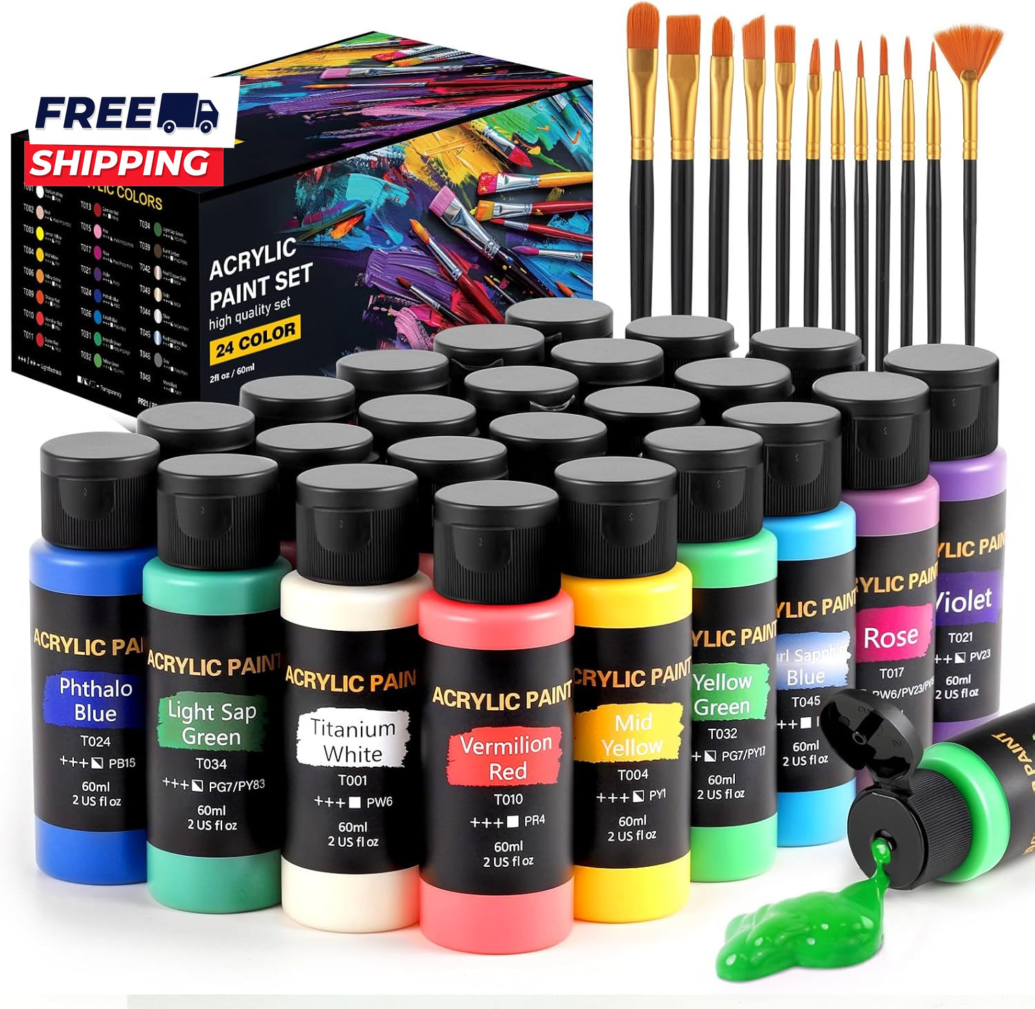 Acrylic Paint Set 24 Colors (2 Oz/Bottle) with 12 Art Brushes Art Supplies