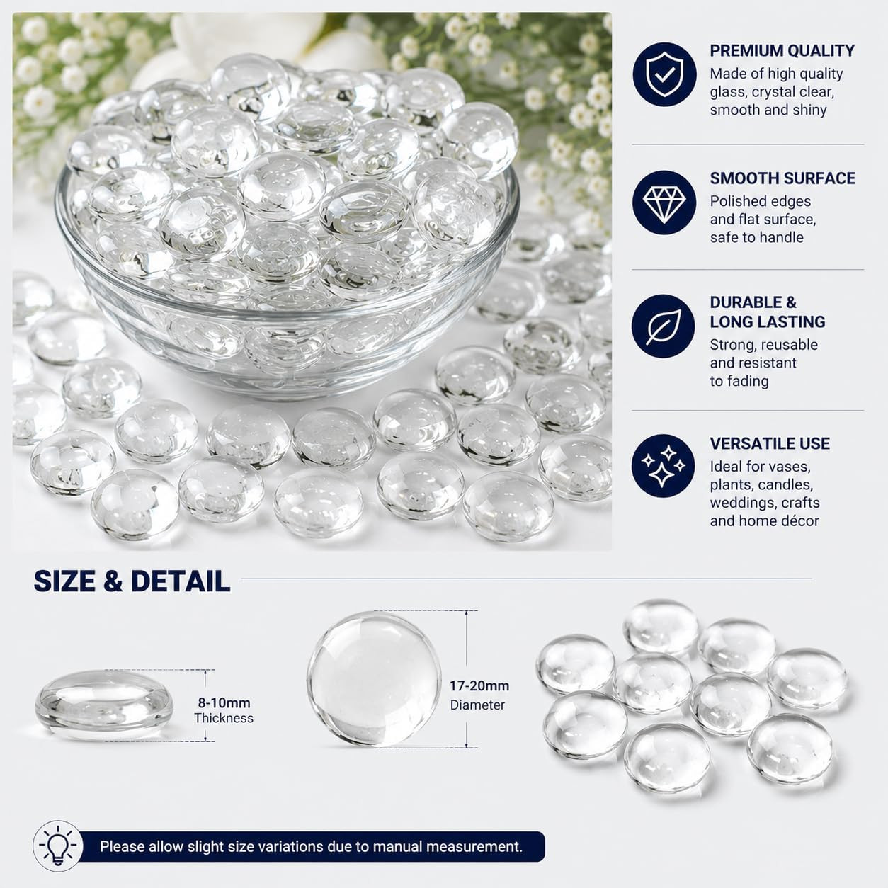 Flat Glass Marbles, Clear Beads Glass Pebbles Vase Fillers, 1 LB Glass Beads for
