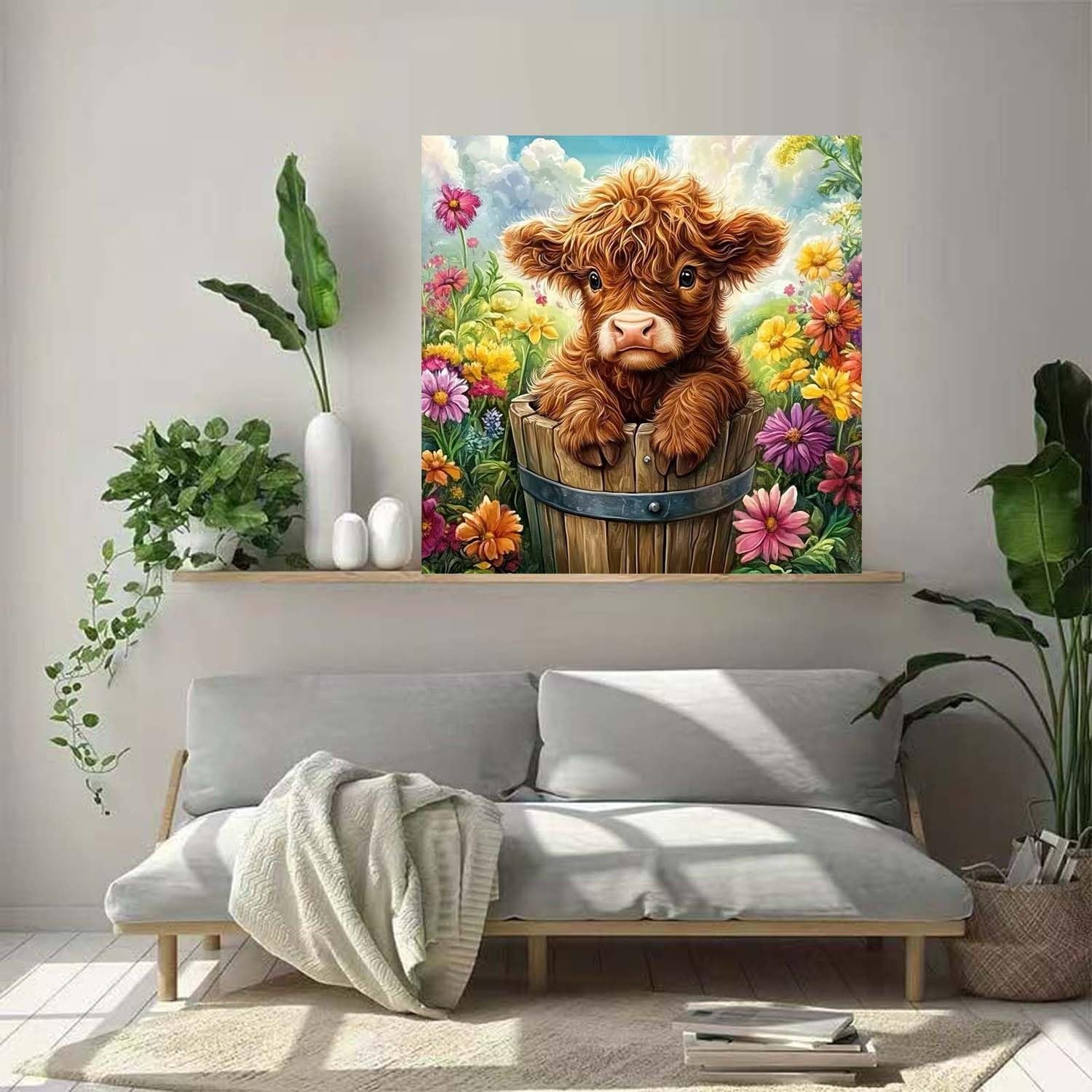 Highland Cow Diamond Art Kits for Adults, 5D Diamond Painting Kits Flower,DIY Fu