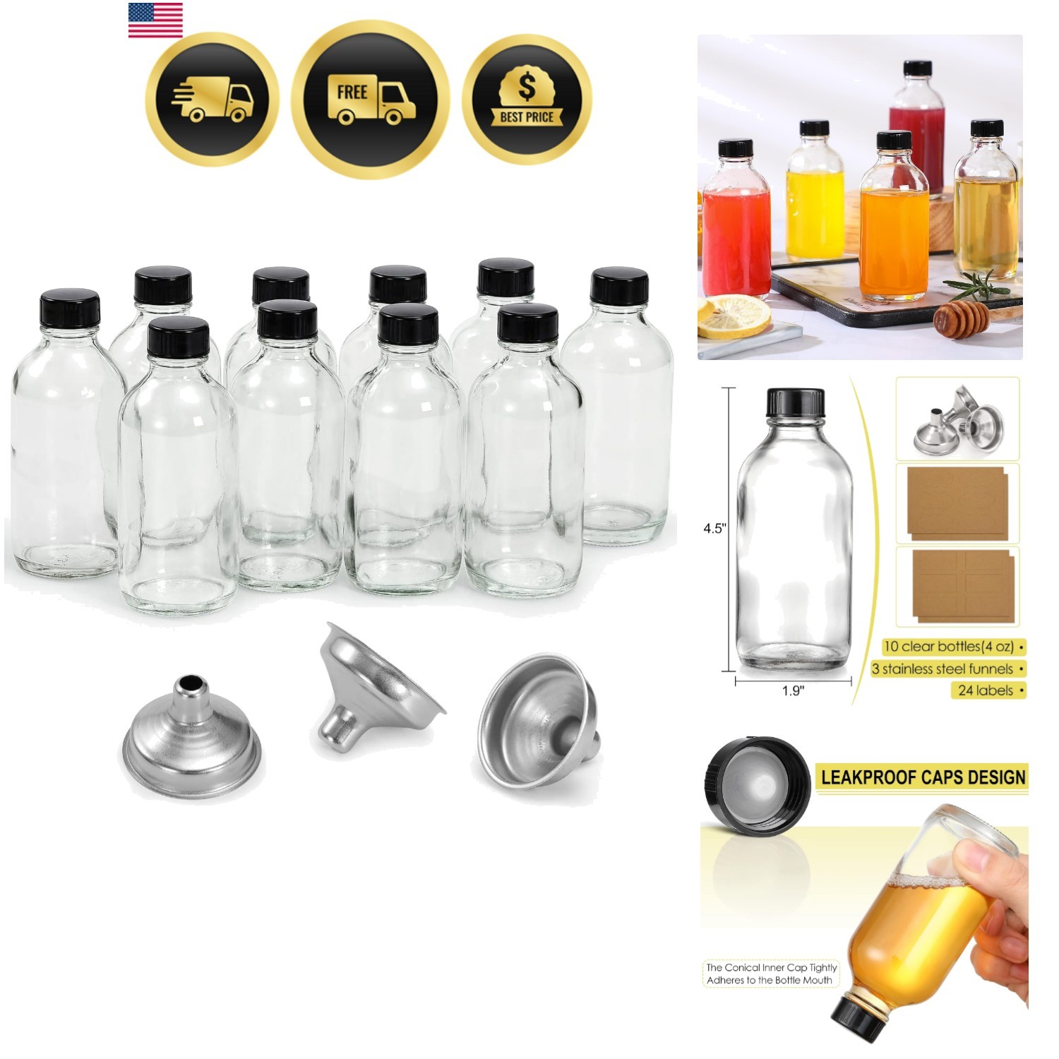 10 Pack, 4 oz Small Clear Glass Bottles w/Lids & 3 Stainless Steel Funnel – 1…