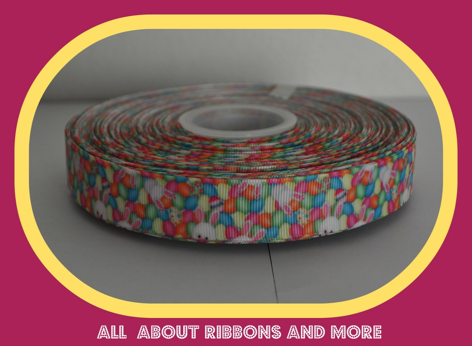 7/8 INCH EASTER EGGS AND BUNNIES NEON COLORS GROSGRAIN RIBBON-1 YD