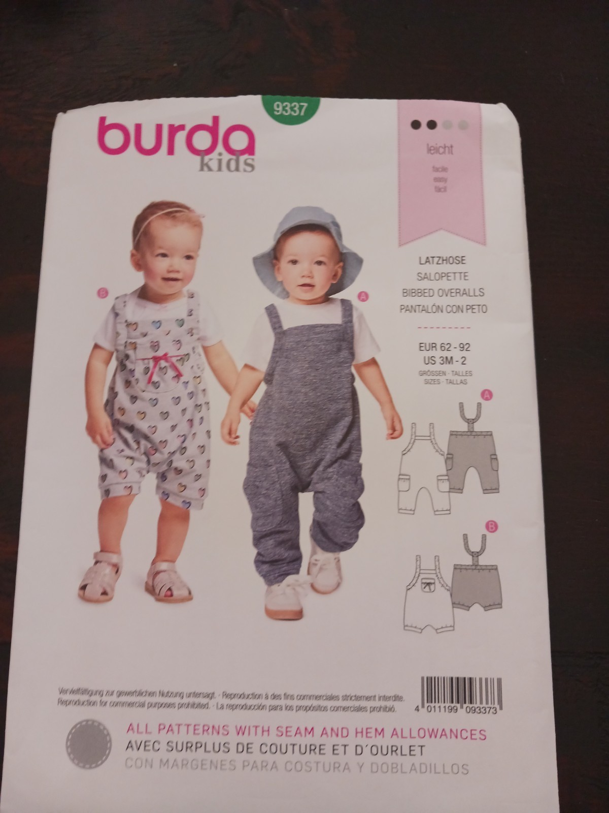 Burda Kids Pattern 9337, Bibbed Overalls, Size 3 Months To 2 Years, Uncut