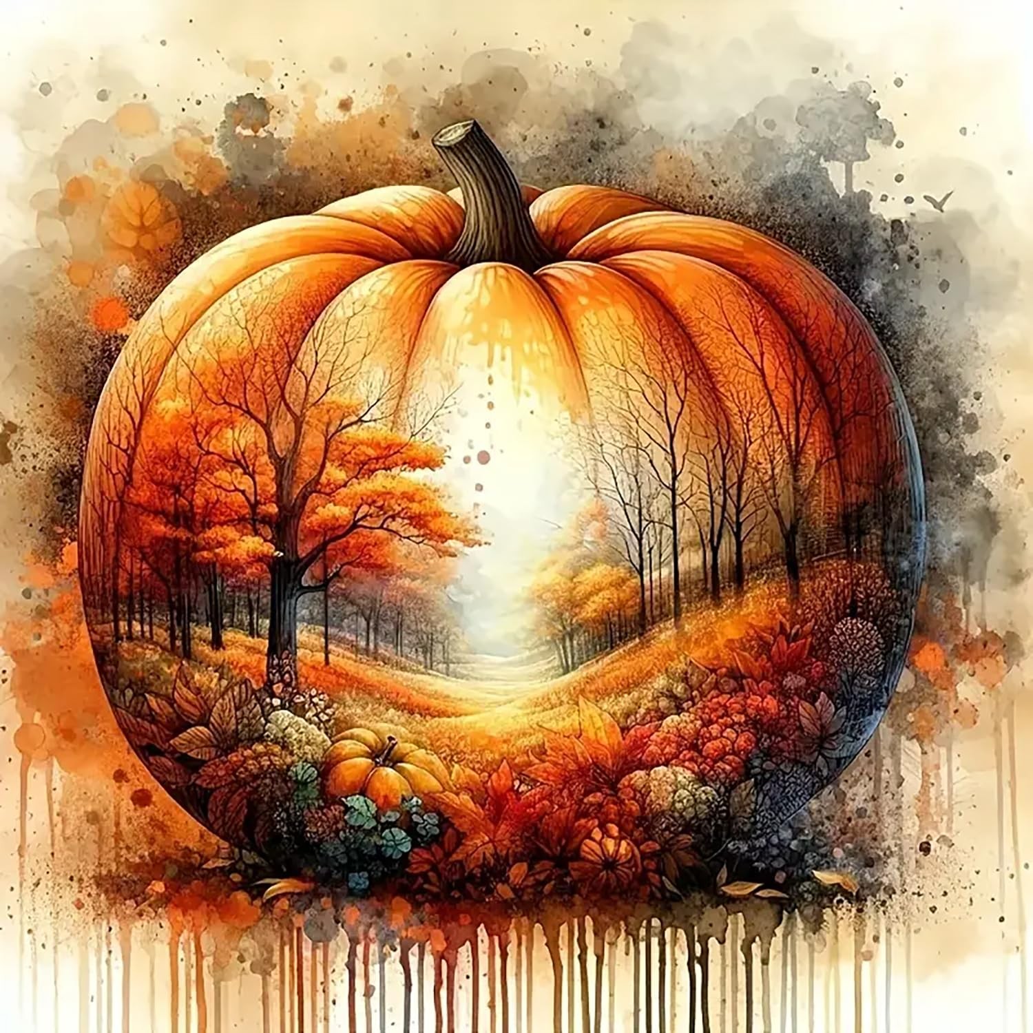 Pumpkin Leaf Tree Diamond Art Kits for Adults, 5D Autumn Diamond Painting Kits f