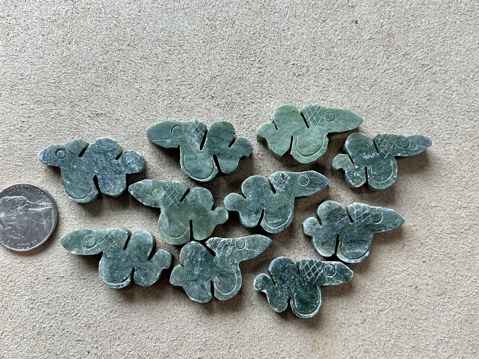 10 Carved Green Stone Snake Pendants No Hole New Old Stock Lot Jewelry Making