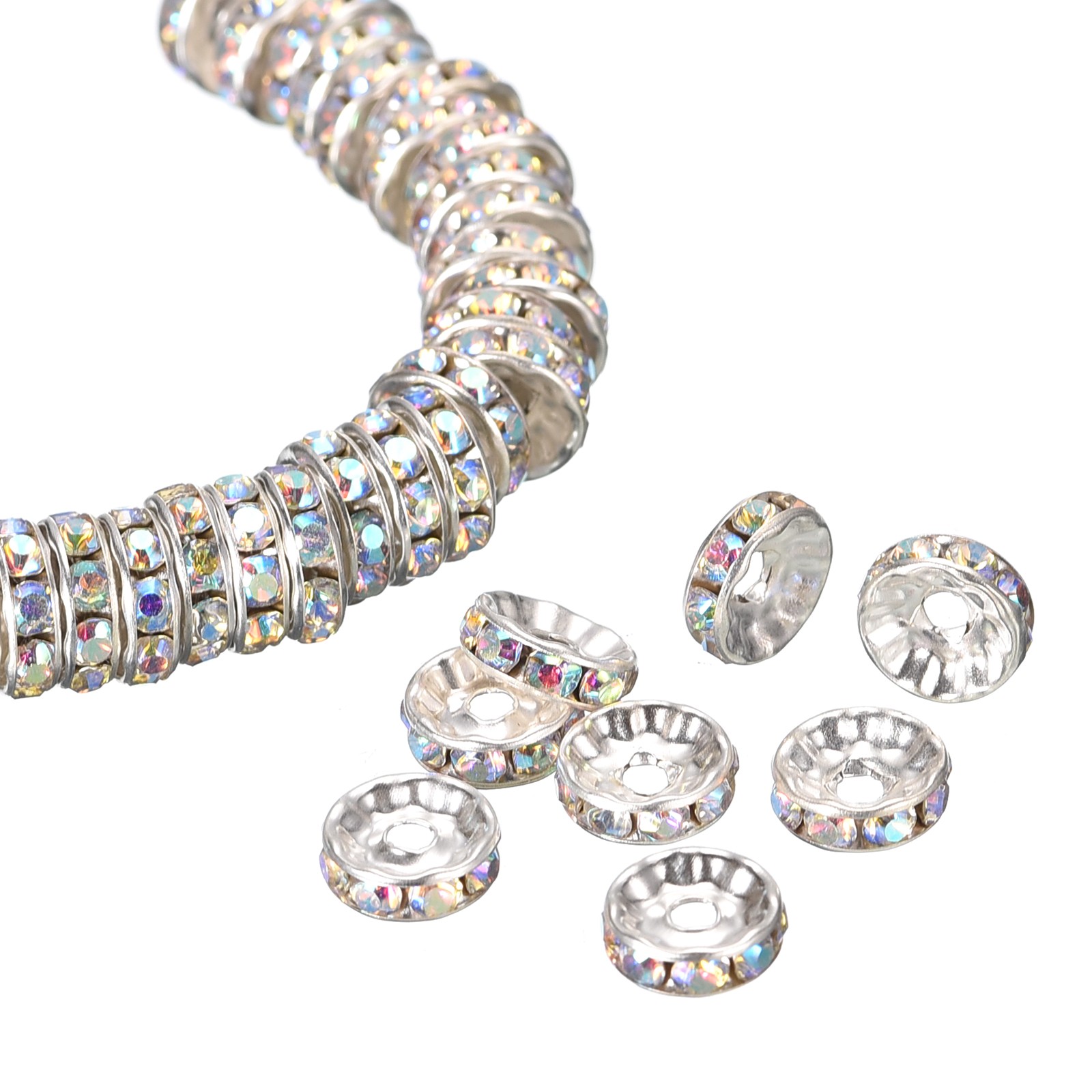 200Pcs 10mm Rondelle Spacer Beads, Silver Plated for DIY Bracelet, AB White