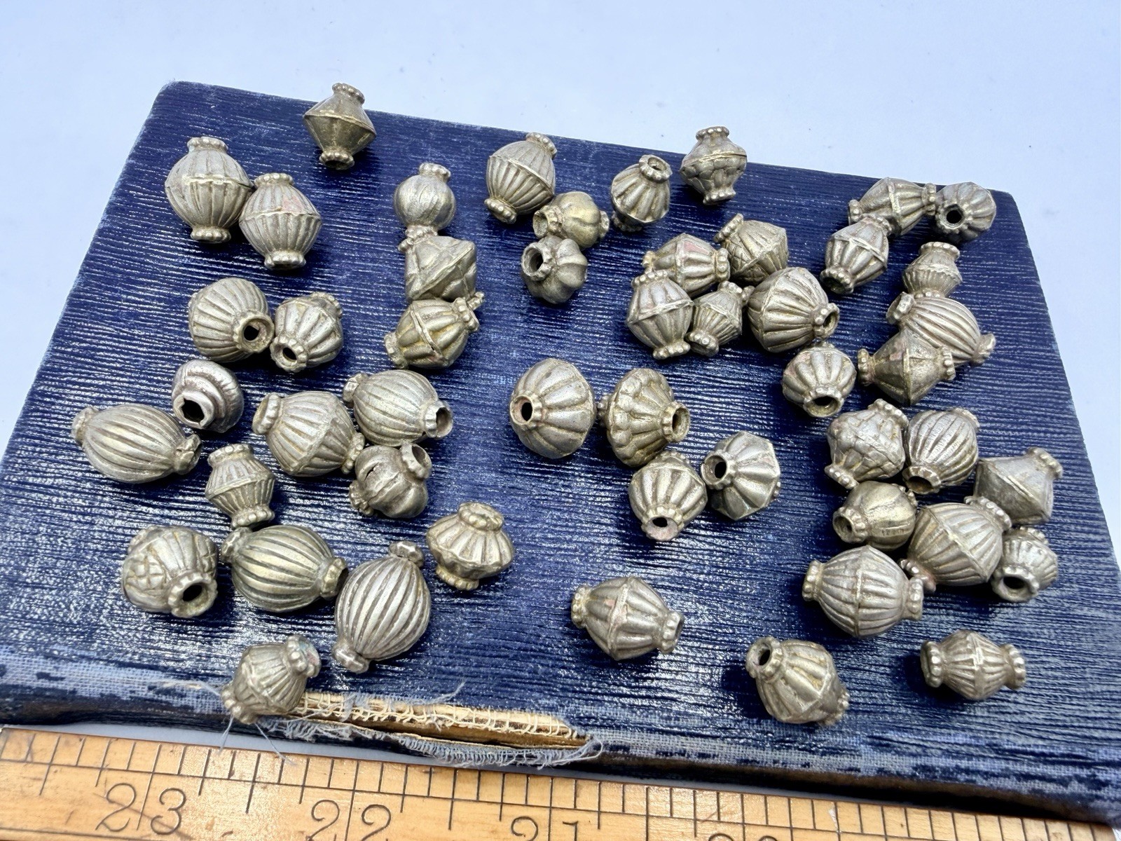 50 Pcs Vintage Silver Tone Melon Oval Beads Artisan Estate Jewelry Making Lot RD