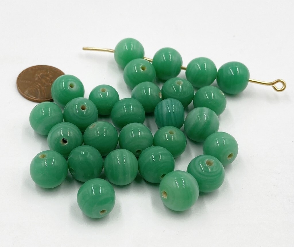 30 VINTAGE JAPAN 1950’s CHERRY BRAND GLASS JADE 11mm. TO 12mm. ROUND BEADS 4651