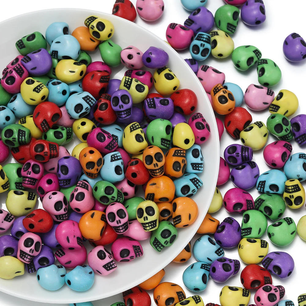 100Pcs Colorful Skull Shape Beads Acrylic Spacer Loose Bead for Halloween Earrin