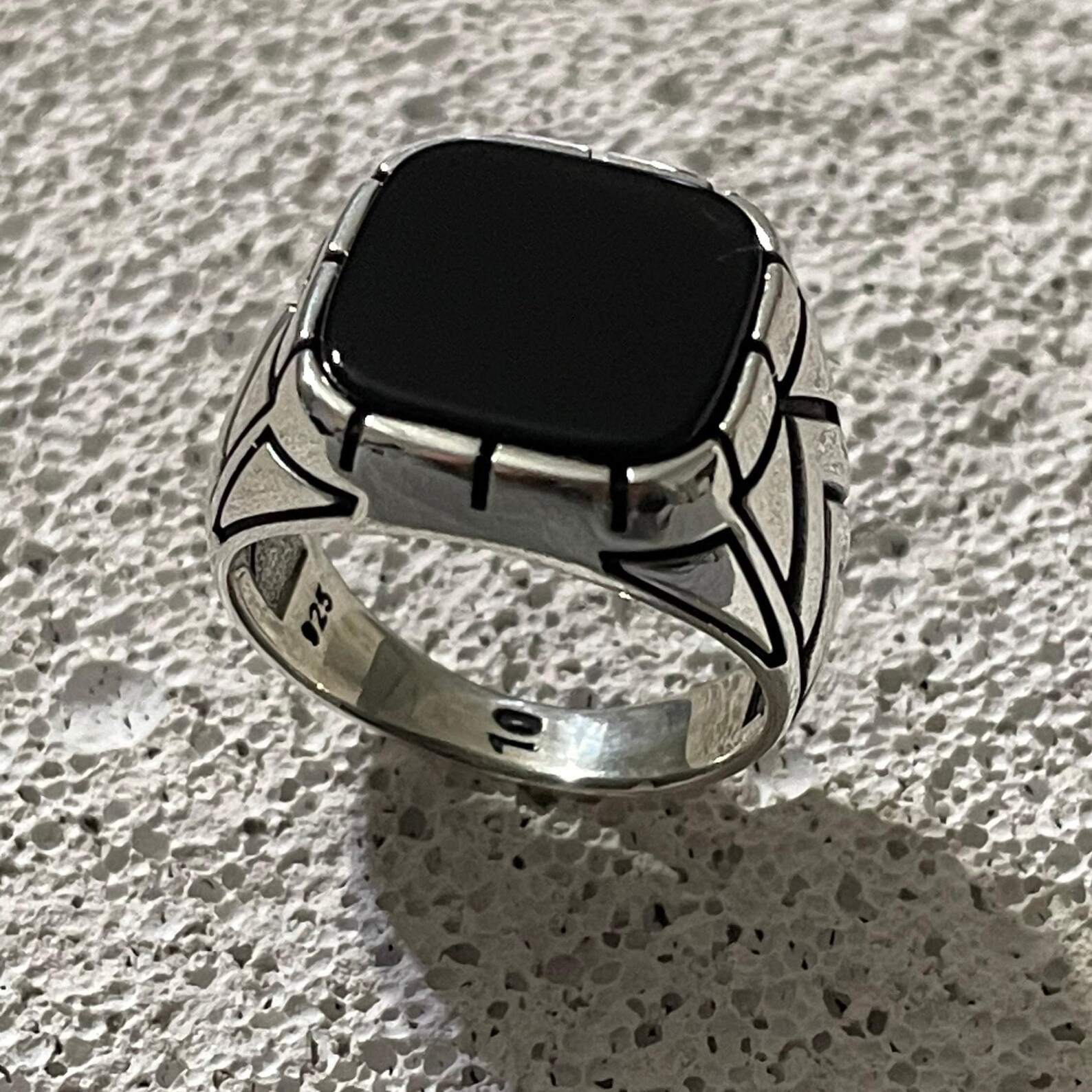 Cushion Black Onyx Men’s Ring, Chevron Arrow Design, Vintage Punk Gothic Stateme