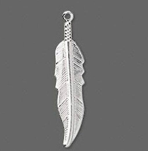 Charm, Shiny Silver Plated Brass Single Sided 32x7mm Feather Charms