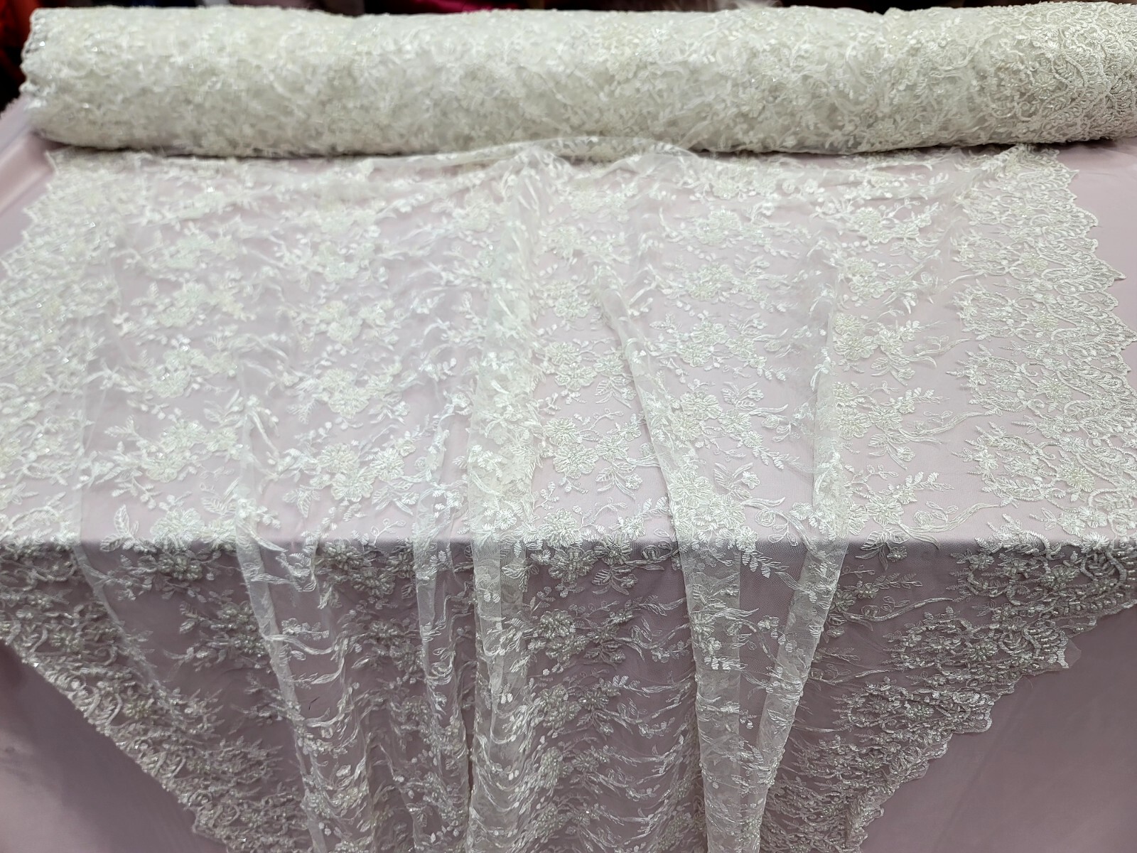 OFF WHITE Beaded Embroidery Bridal Lace Fabric By The Yard Wedding Fabric Scallo