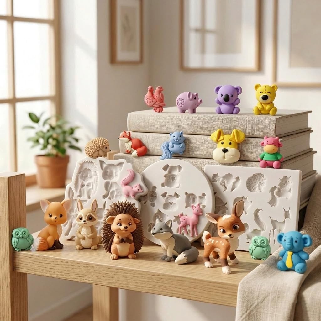 Animal Polymer Clay Mold Hedgehog Deer Bear Pig Squirrel Fox Owl Koala Silicone