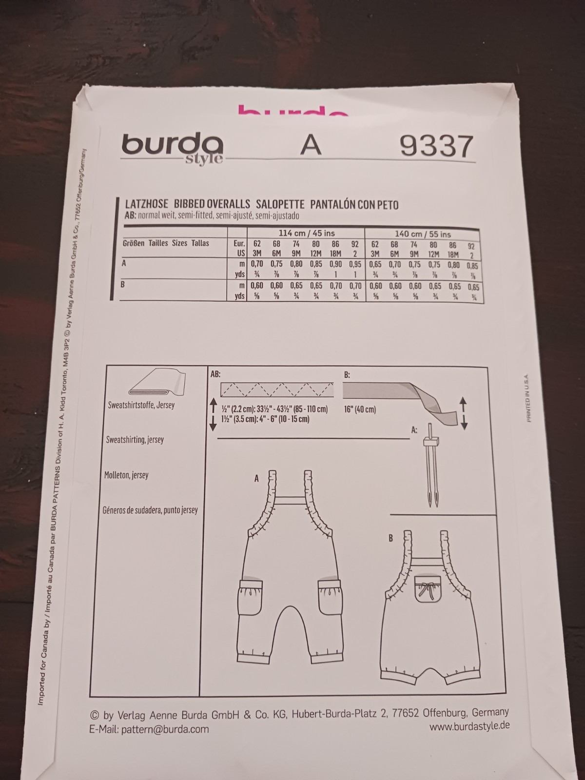 Burda Kids Pattern 9337, Bibbed Overalls, Size 3 Months To 2 Years, Uncut