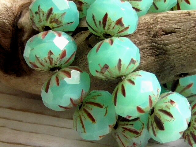 8 – 10x7mm CZECH OPAQUE AQUA BLUE OPAL PICASSO ETCHED FACETED GLASS CRULLER BEAD