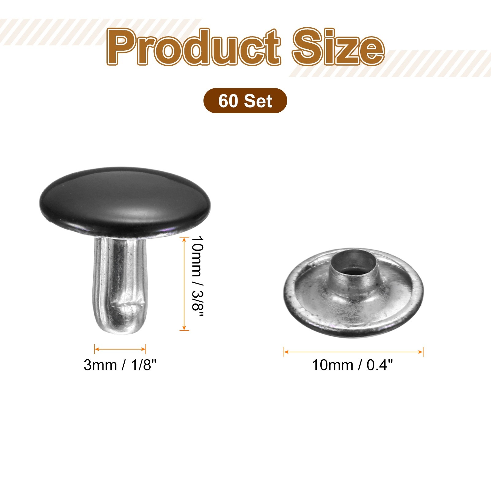 60 Set Double Cap Leather Rivet 10x10mm Round Cap Tubular Rivet Black