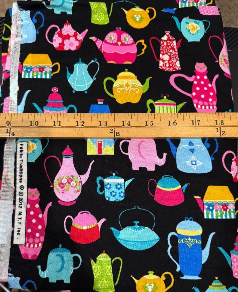 Fabric Traditions Colorful Tea Pots Black Cotton Quilting 2 3/8 yards 2012