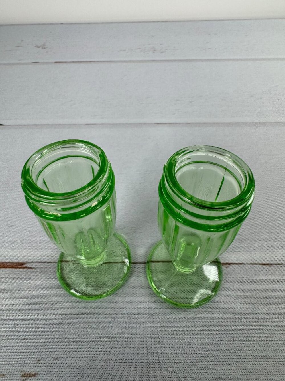 Vintage Hazel Atlas Uranium Vaseline Glass Salt & Pepper Shakers Pair No Lids