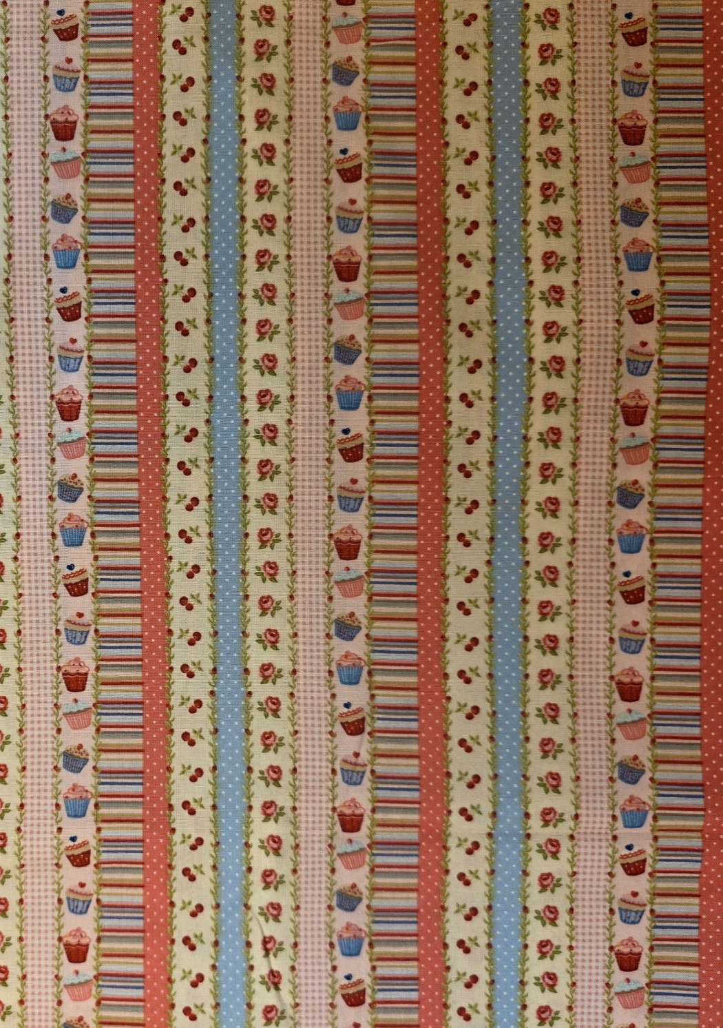 Tea Time Stripe 100% Cotton Fabric Cupcakes Cherries RosesMakower Rare