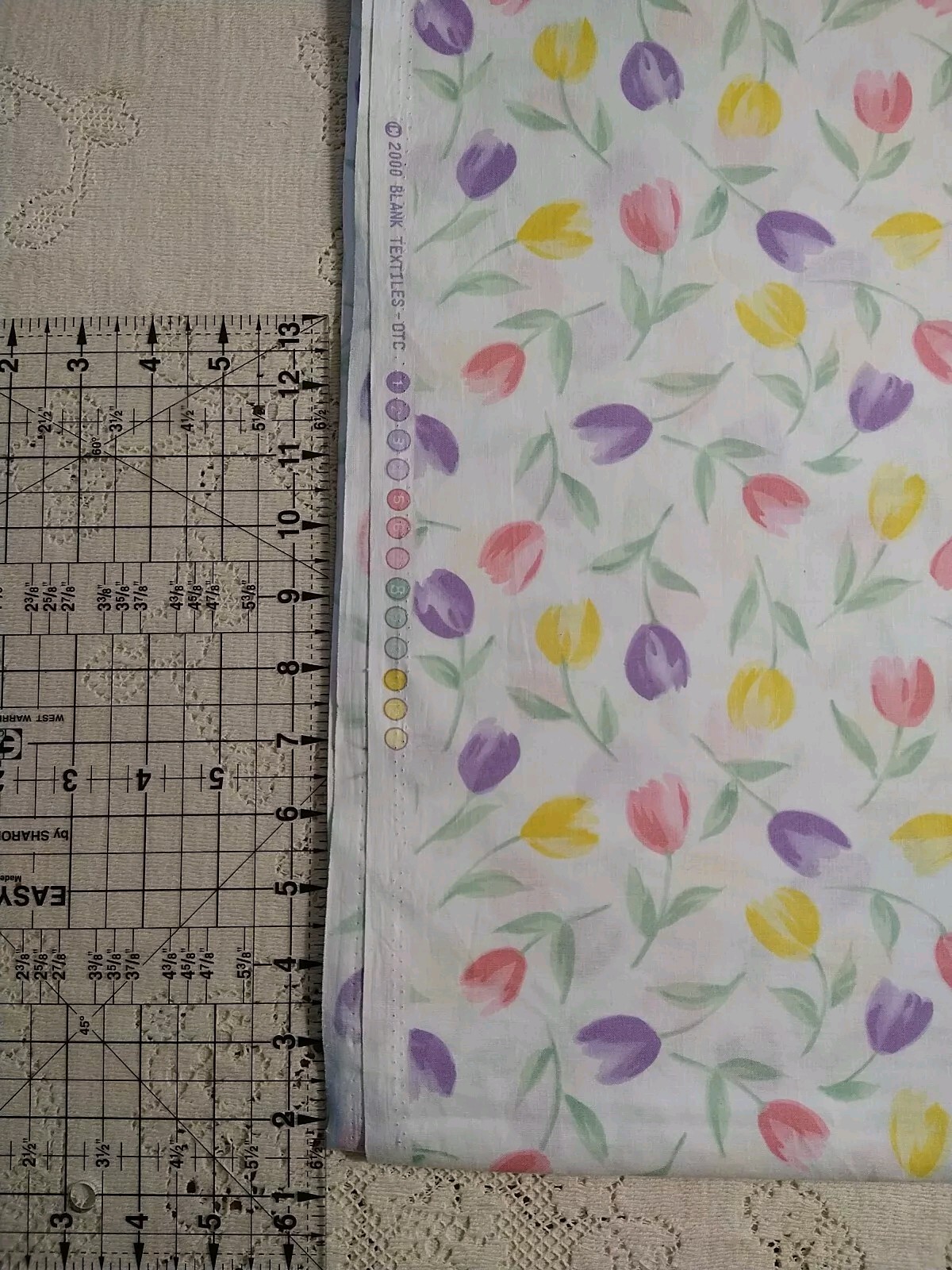 Pastel Pink Purple Yellow Tulips on White Blank Textiles QUILT Fabric BTHY 18×44