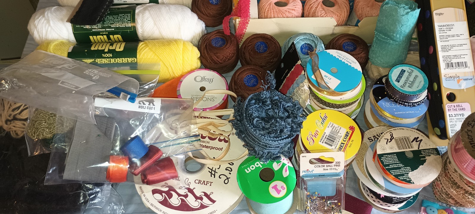 Huge Lot of Crafting Supplies. Yarn,Lace,Ribbon,Ball Pins Approx.100 Items 10lbs