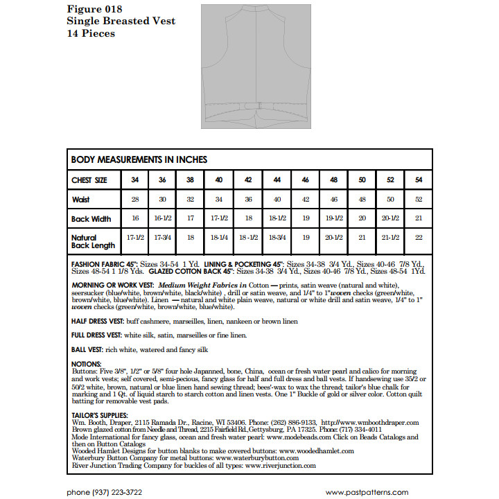 Past Patterns 0018 – 1840s Single-Breasted Waistcoat pattern Chest Sizes 48″-54″