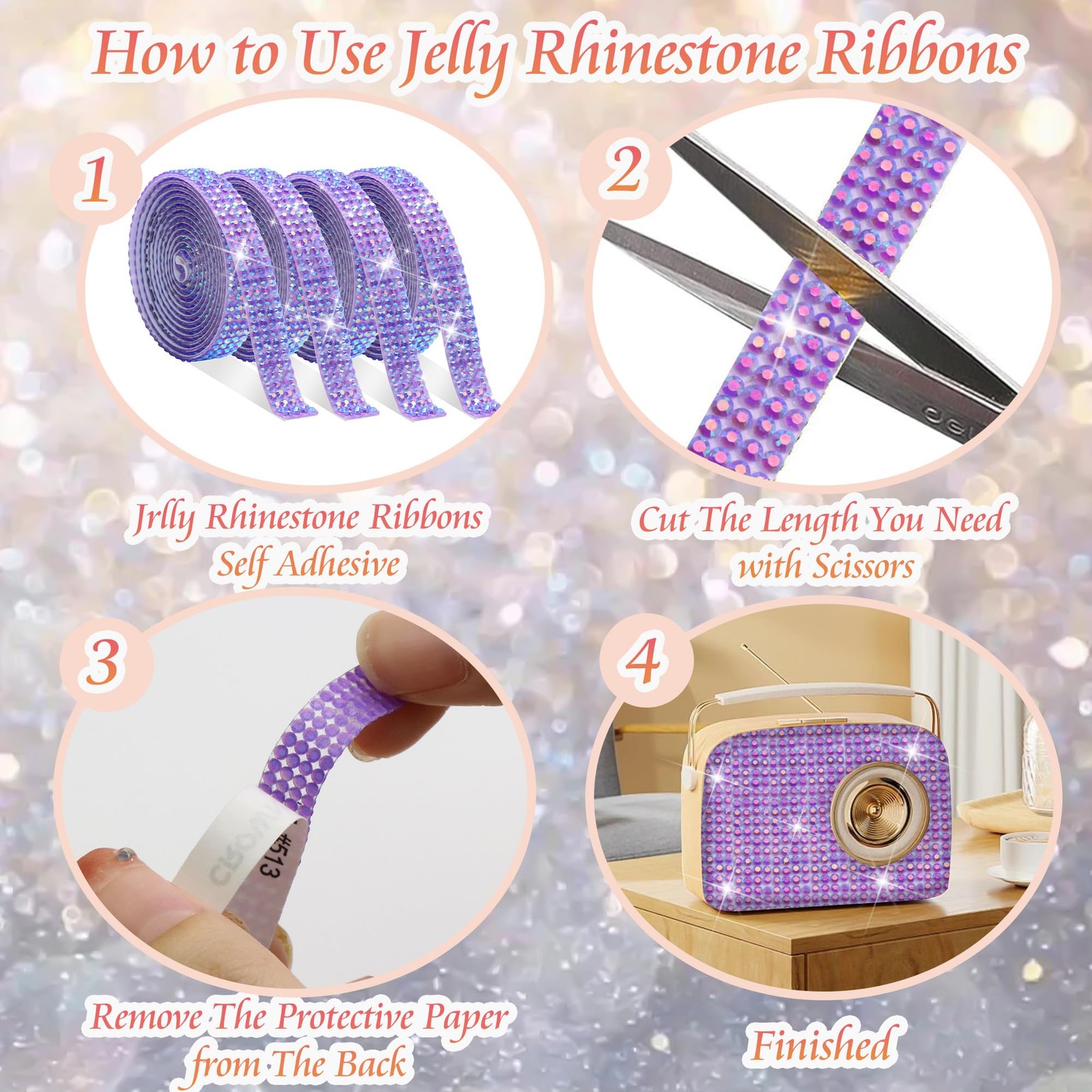 4 Rolls Crystal Rhinestone Ribbon Purple AB Diamond Tape Sticker