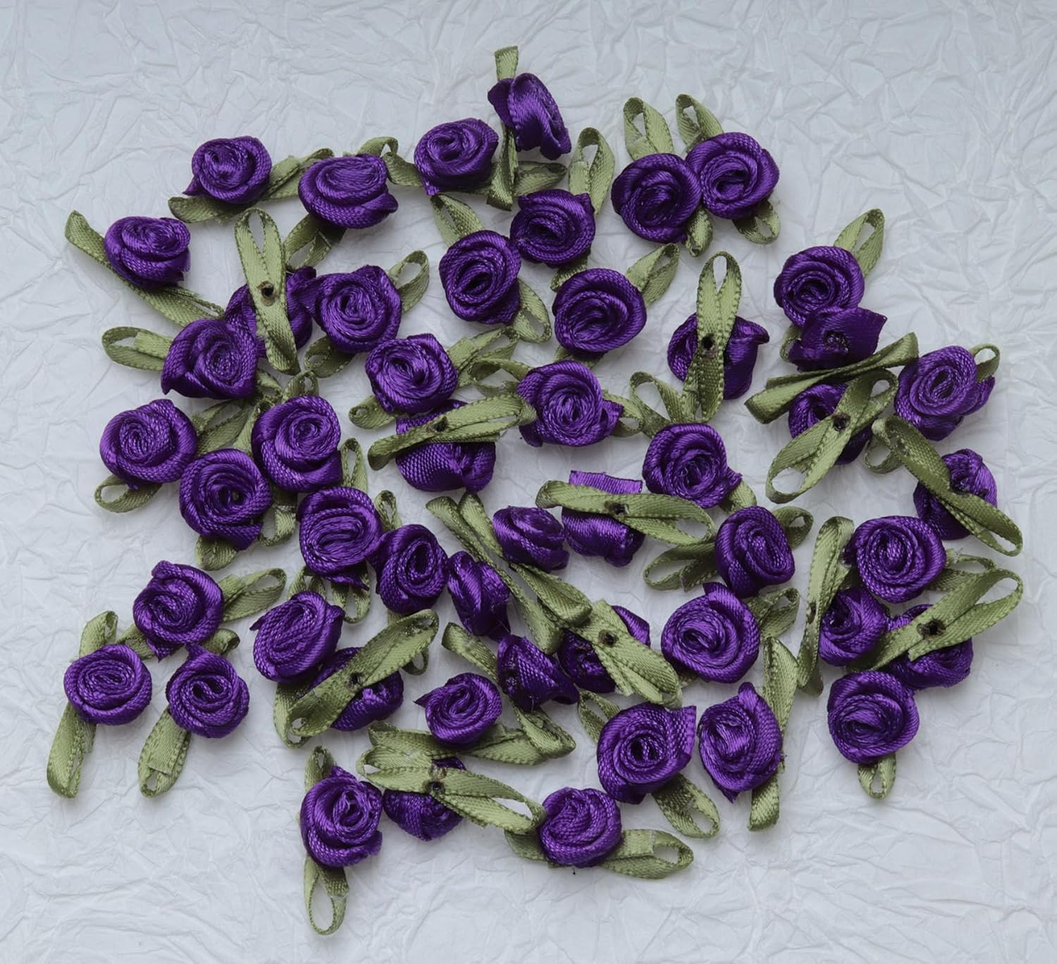 50 Pcs Satin Roses with Green Leaves Mini Cute Ribbon Bows Fabric Artificial Flo