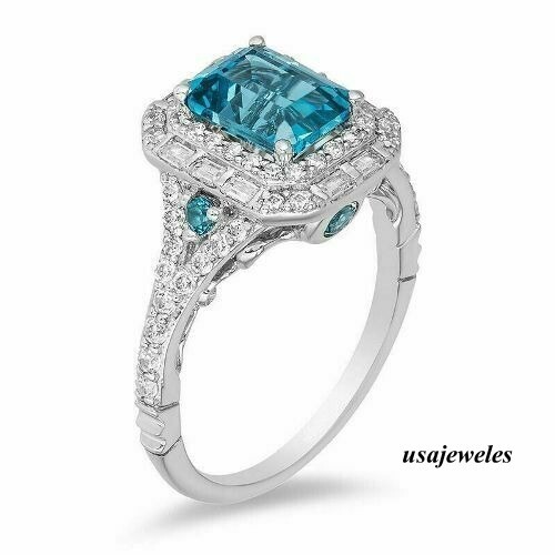 Halo Wedding Jewelry Ring 2.60CT Emerald Cut Real Aquamarine 14K White Gold Over