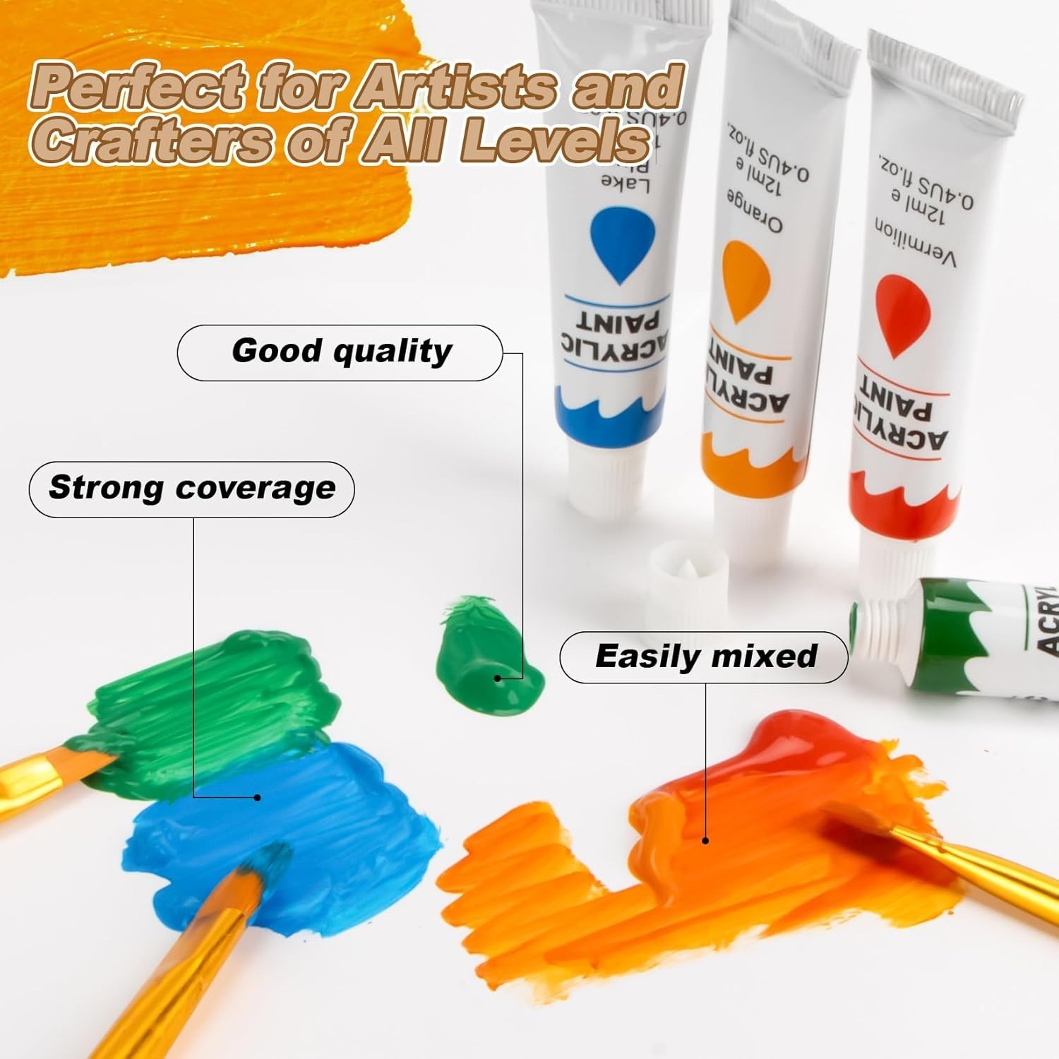 Acrylic Paint Set, 24 Colors 0.4 oz/Bottle with 12 Art Brushes, Art Supplies