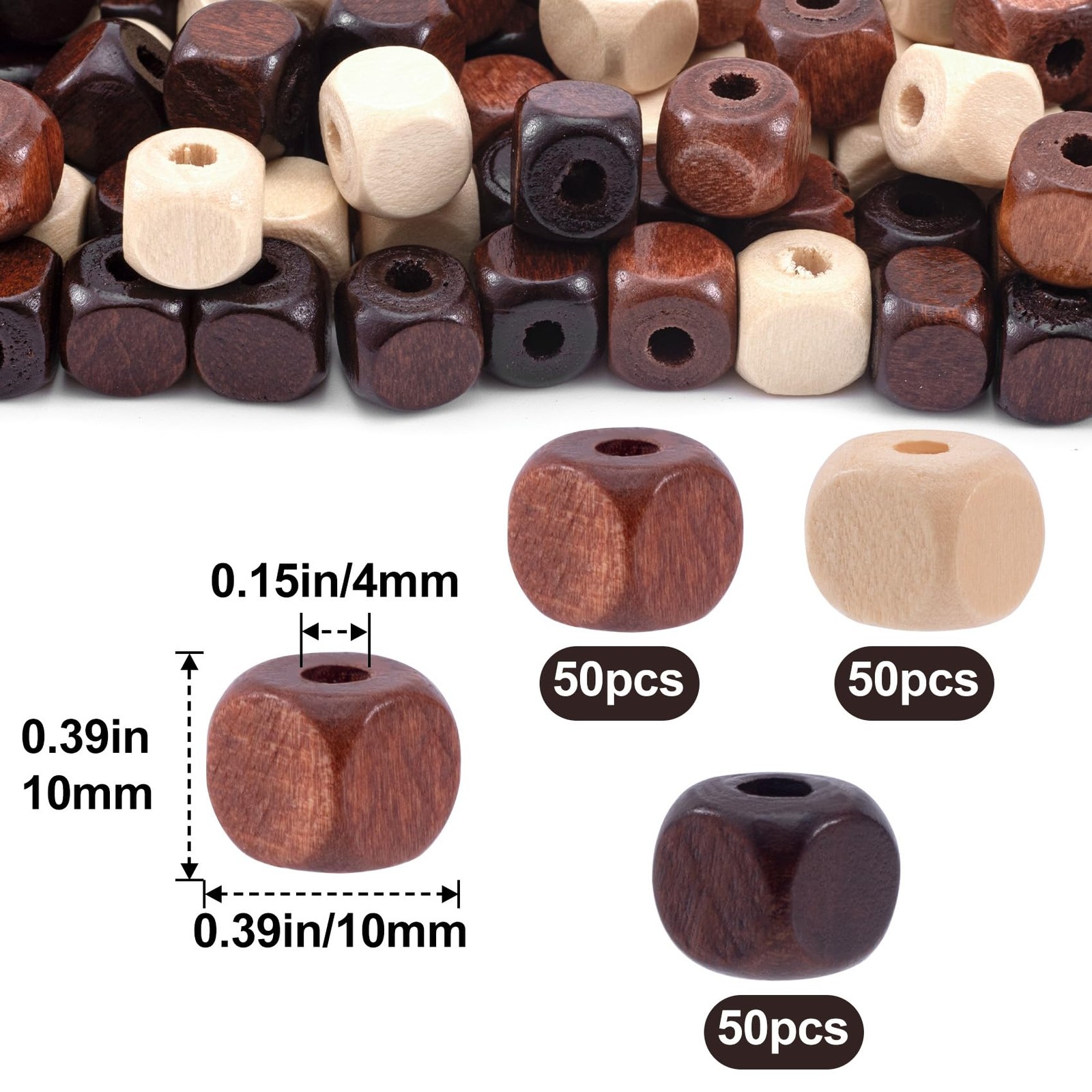 150pcs Large Hole Wooden 0.35×0.39in/10×10mm, 3 Colors 10x10mm