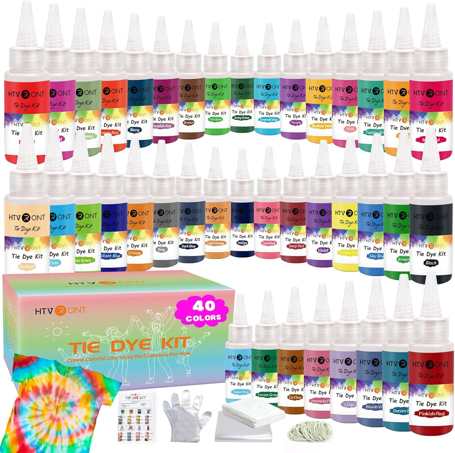 HTVRONT Tie Dye Kit – 40 Vibrant Colors Tye Dye Kit for Large Groups, Pre-Filled