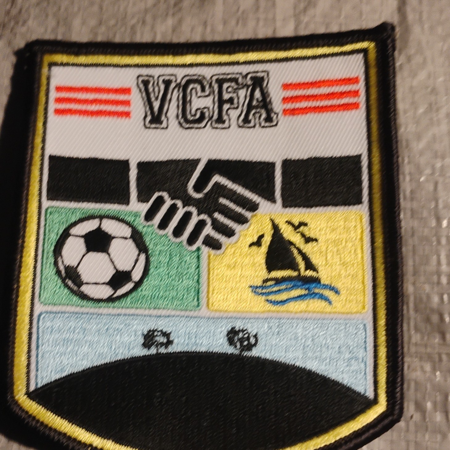 VCFA Crest Logo Embroidered Sew-On Patch w/ Soccer Ball Handshake Boat, Single