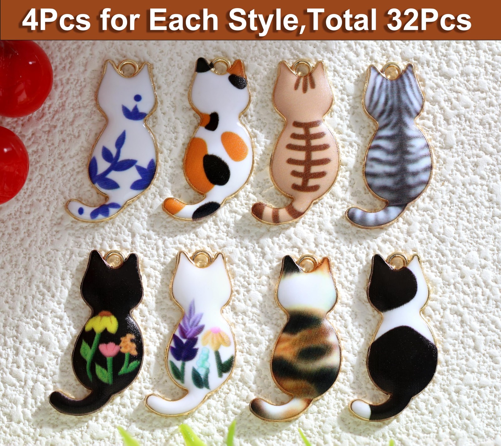 Anjulery 32 Pieces Enamel Cat Charms for Jewelry Making and 32Pcs Cat-C