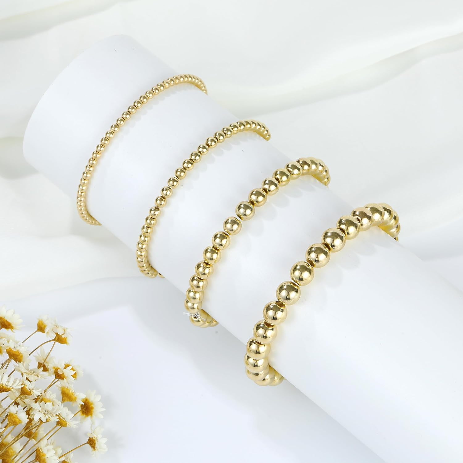 1100 Pcs Smooth Round Beads – 3/4/6/8mm Gold Spacer Loose Ball Bead Kits for Bra