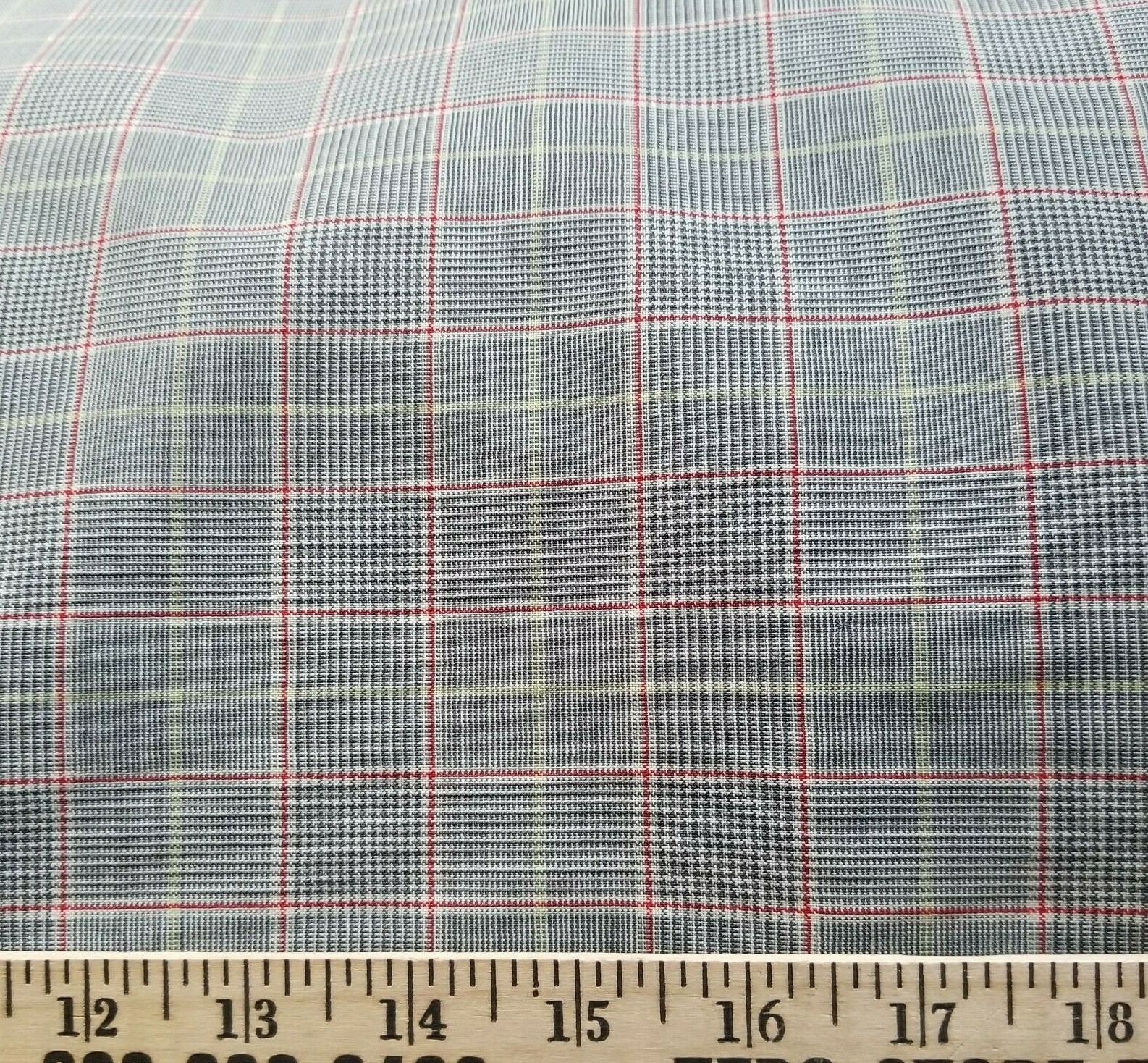 Glen Plaid Wool Suiting in Gray, White, Red, and Yellow – Wonderful! LAST PIECE!