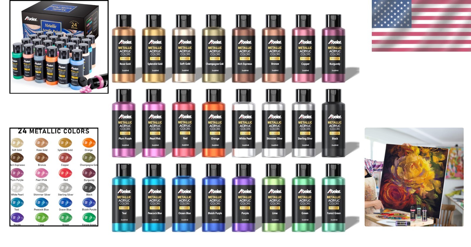 2oz Metallic Acrylic Paint Set of 24 – Waterproof, Quick-Drying for Artists