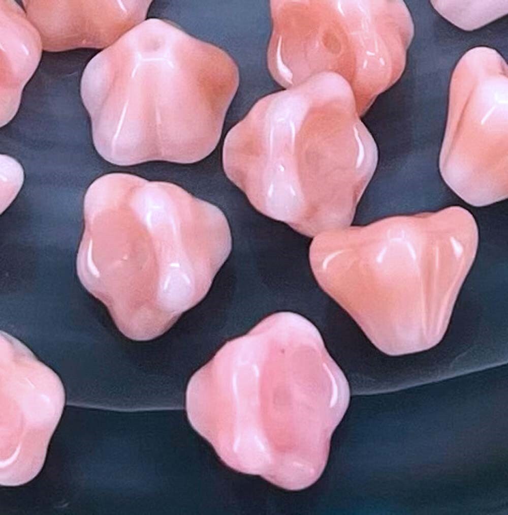20 Czech Glass Baby Bell Flower Beads – Pink and Cream 8x6mm